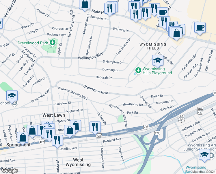 map of restaurants, bars, coffee shops, grocery stores, and more near 111 Gail Circle in Wyomissing