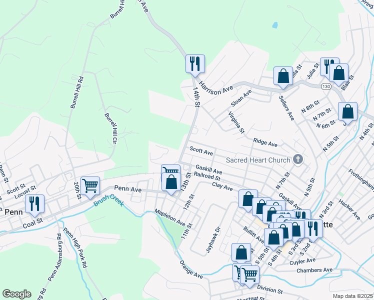 map of restaurants, bars, coffee shops, grocery stores, and more near 1031 Scott Avenue in Jeannette