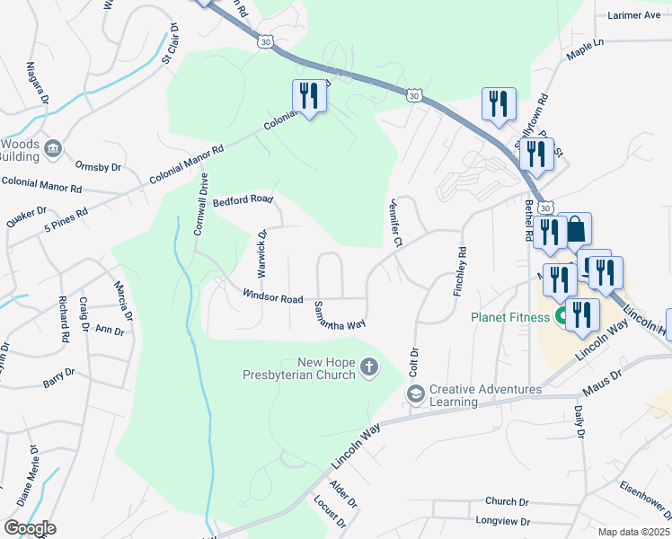 map of restaurants, bars, coffee shops, grocery stores, and more near 1362 Samantha Way in Irwin