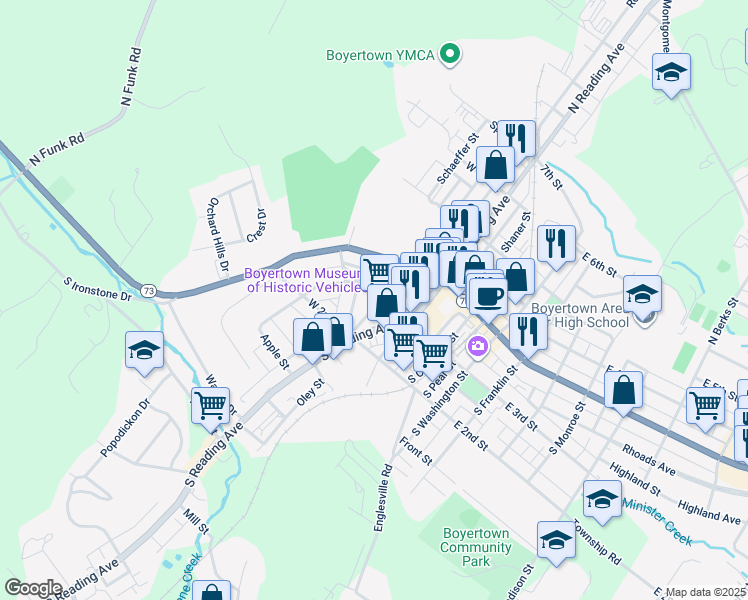 map of restaurants, bars, coffee shops, grocery stores, and more near 103 South Walnut Street in Boyertown