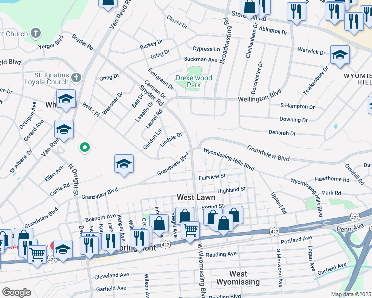 map of restaurants, bars, coffee shops, grocery stores, and more near 505 Kutz Court in Reading