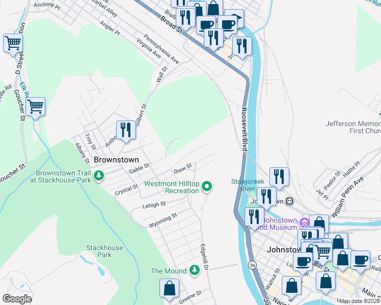 map of restaurants, bars, coffee shops, grocery stores, and more near 35 Bethel Street in Johnstown