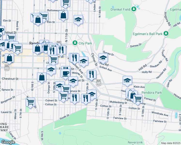 map of restaurants, bars, coffee shops, grocery stores, and more near 1215 Eckert Avenue in Reading