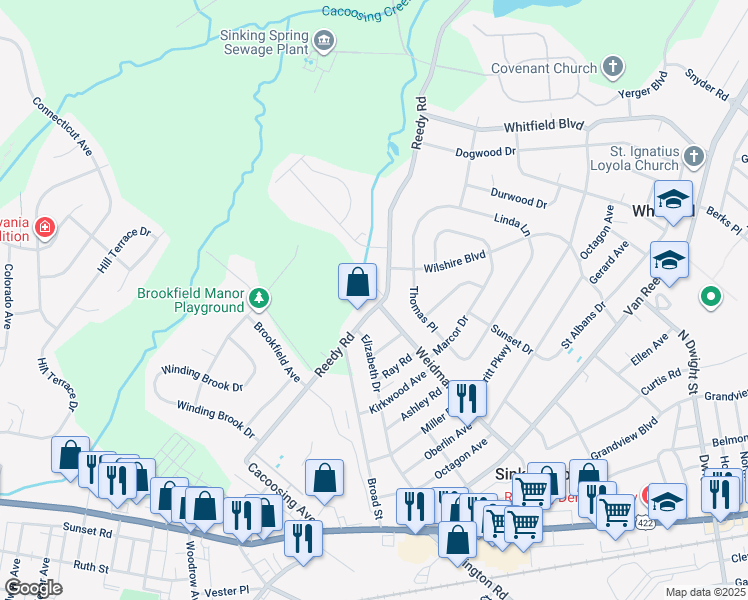 map of restaurants, bars, coffee shops, grocery stores, and more near 3295 Reedy Road in Sinking Spring