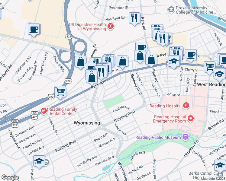 map of restaurants, bars, coffee shops, grocery stores, and more near 1117 Belmont Avenue in Wyomissing