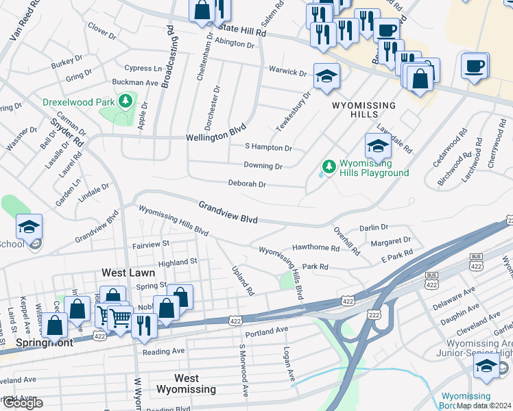 map of restaurants, bars, coffee shops, grocery stores, and more near 111 Gail Circle in Wyomissing