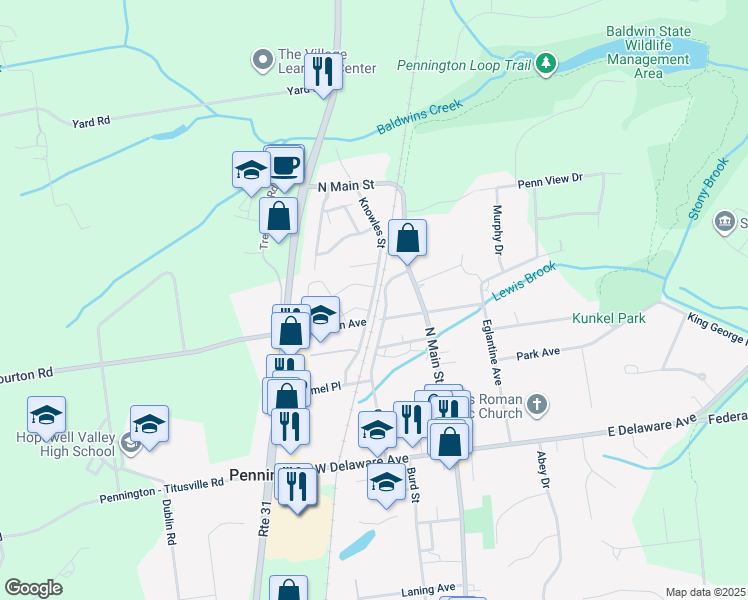 map of restaurants, bars, coffee shops, grocery stores, and more near 25 Knowles Street in Pennington