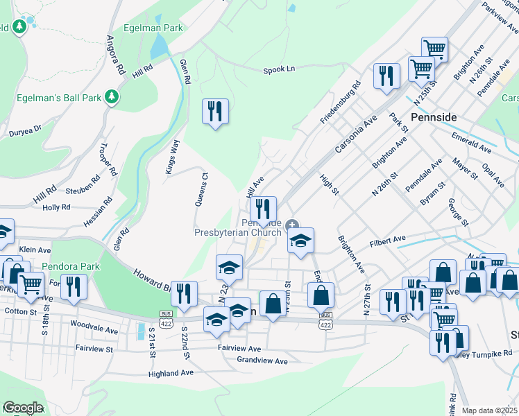 map of restaurants, bars, coffee shops, grocery stores, and more near 315 Friedensburg Road in Mount Penn