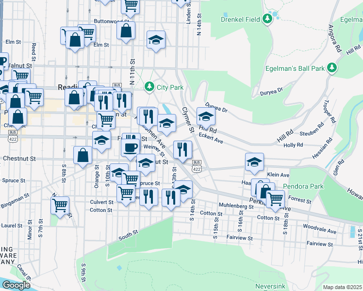 map of restaurants, bars, coffee shops, grocery stores, and more near 1224 Eckert Avenue in Reading