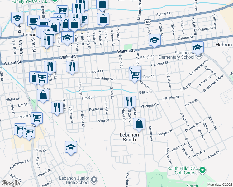 map of restaurants, bars, coffee shops, grocery stores, and more near 403 Noble Street in Lebanon