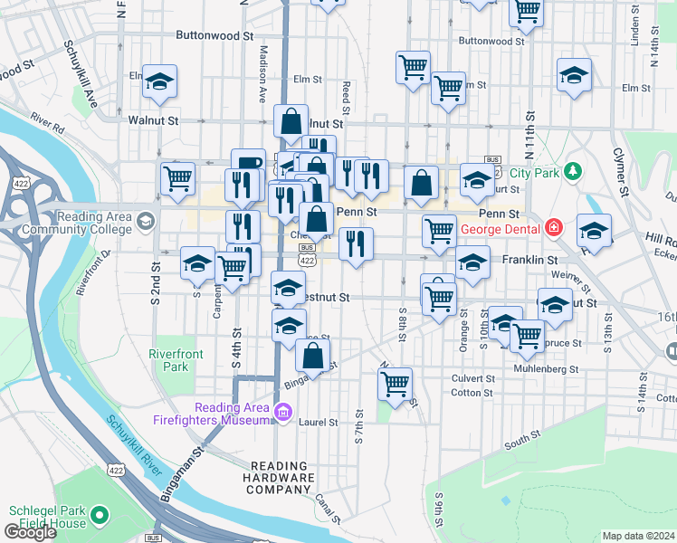 map of restaurants, bars, coffee shops, grocery stores, and more near 119 South 6th Street in Reading