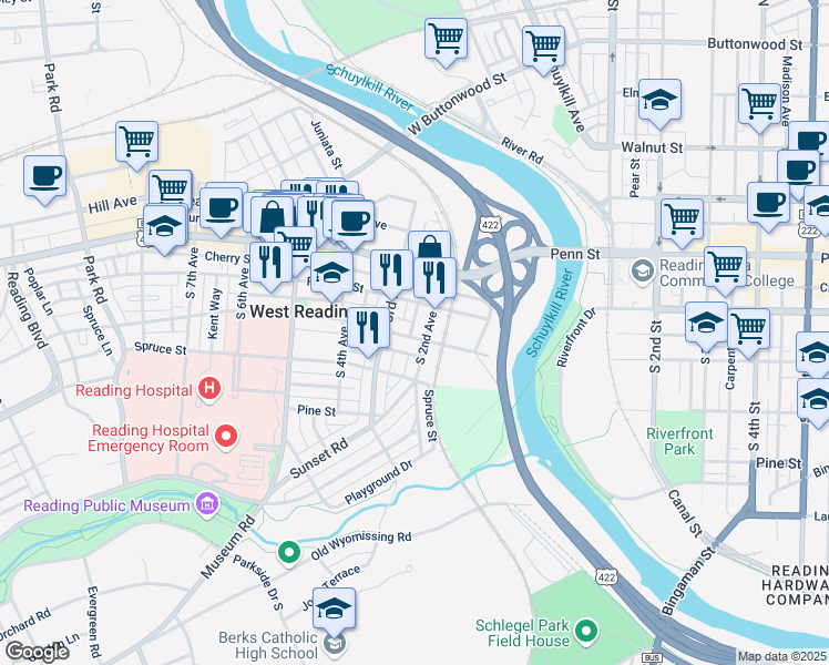 map of restaurants, bars, coffee shops, grocery stores, and more near 118 Yarnell Street in West Reading