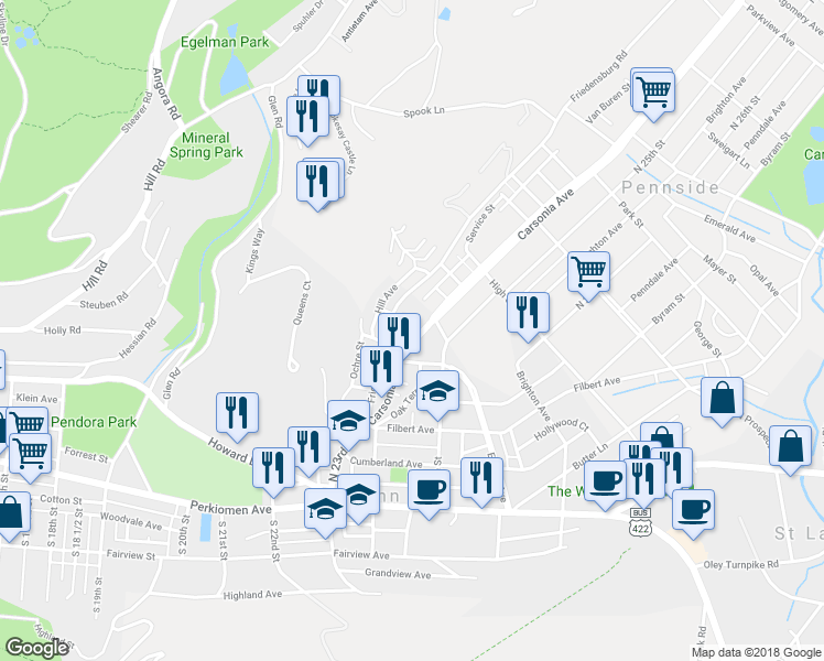 map of restaurants, bars, coffee shops, grocery stores, and more near 330 Carsonia Avenue in Mount Penn