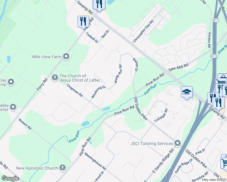 map of restaurants, bars, coffee shops, grocery stores, and more near 300 Windy Run Road in Doylestown