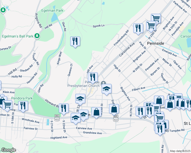 map of restaurants, bars, coffee shops, grocery stores, and more near 330 Carsonia Avenue in Mount Penn