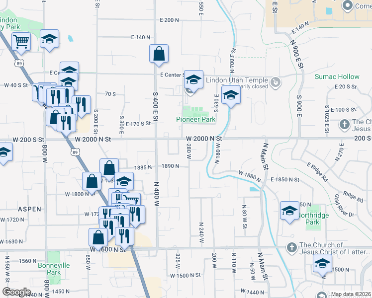 map of restaurants, bars, coffee shops, grocery stores, and more near 1984 North 320 West in Orem