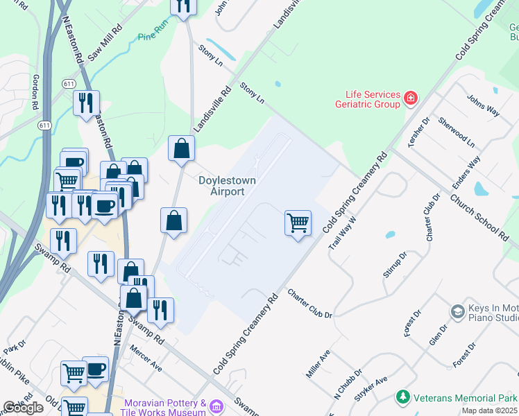map of restaurants, bars, coffee shops, grocery stores, and more near 4050 Skyron Drive in Doylestown