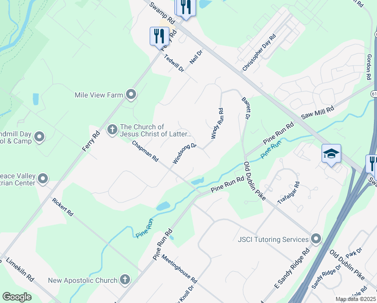 map of restaurants, bars, coffee shops, grocery stores, and more near 108 Windsong Drive in Doylestown