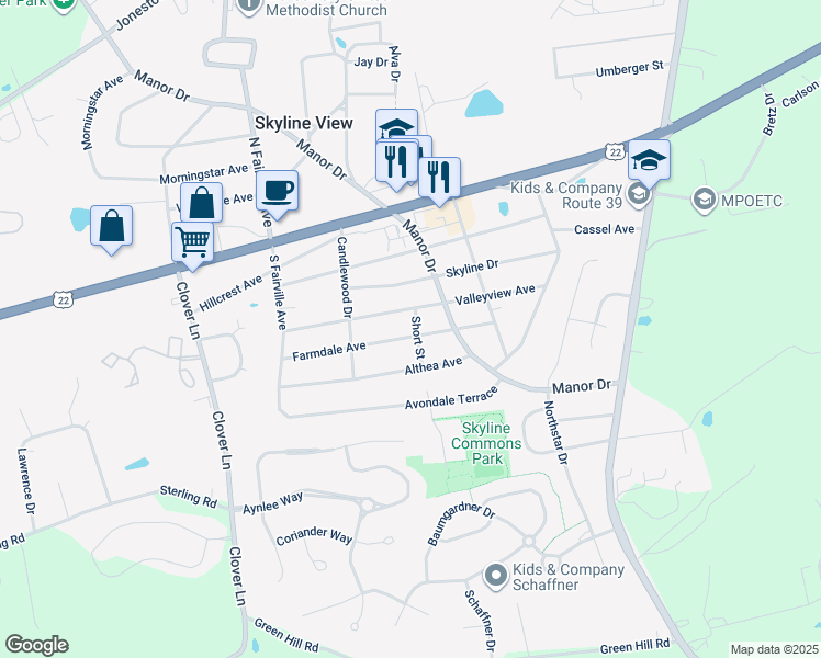 map of restaurants, bars, coffee shops, grocery stores, and more near 7730 Farmdale Avenue in Harrisburg