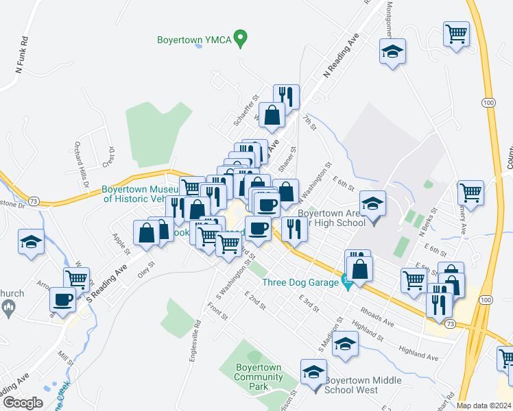 map of restaurants, bars, coffee shops, grocery stores, and more near 28 East 4th Street in Boyertown