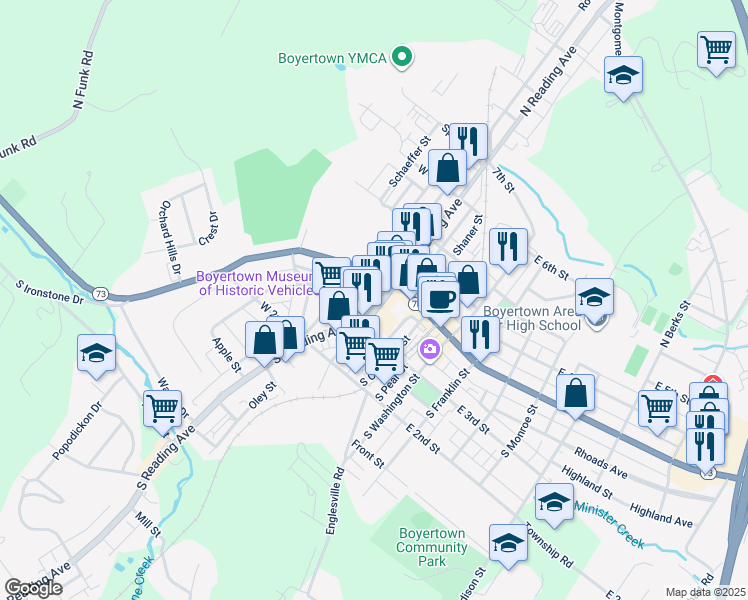 map of restaurants, bars, coffee shops, grocery stores, and more near 20 South Walnut Street in Boyertown