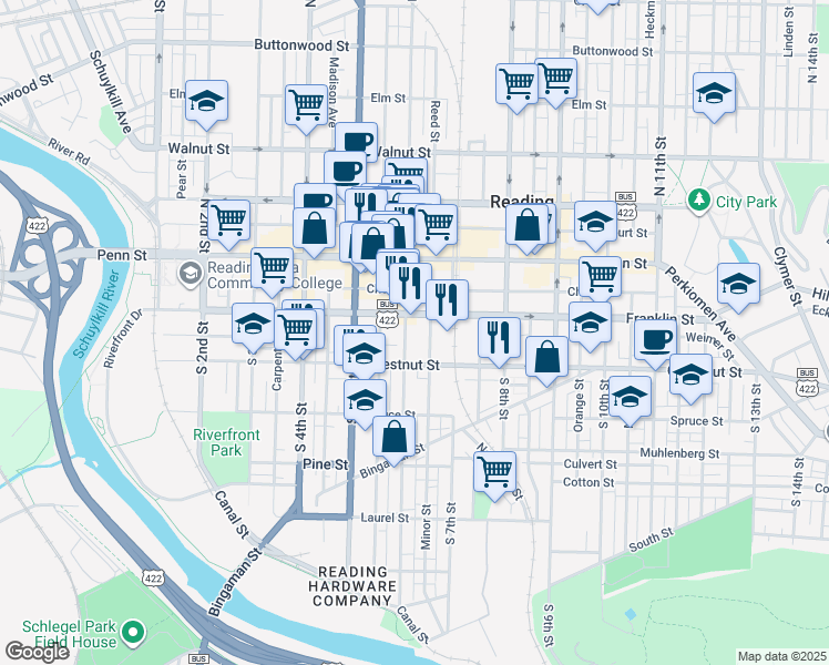 map of restaurants, bars, coffee shops, grocery stores, and more near 610 Franklin Street in Reading