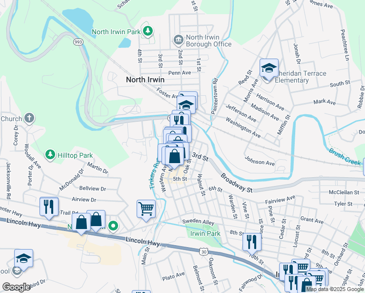 map of restaurants, bars, coffee shops, grocery stores, and more near 205 Main Street in Irwin