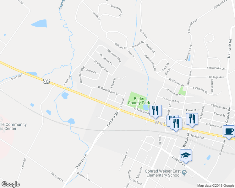 map of restaurants, bars, coffee shops, grocery stores, and more near 448 West Washington Street in Wernersville