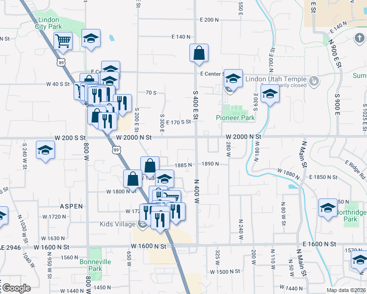 map of restaurants, bars, coffee shops, grocery stores, and more near 442 West 1950 North Street in Orem