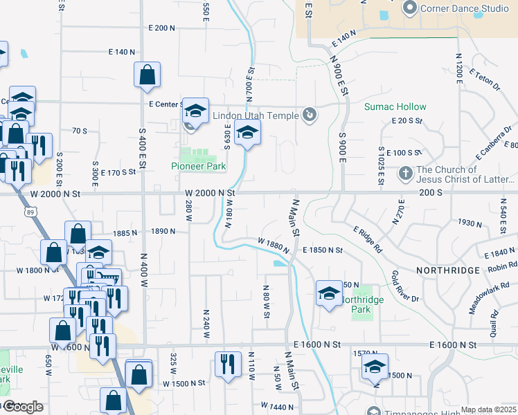 map of restaurants, bars, coffee shops, grocery stores, and more near 1961 North 85 West in Orem