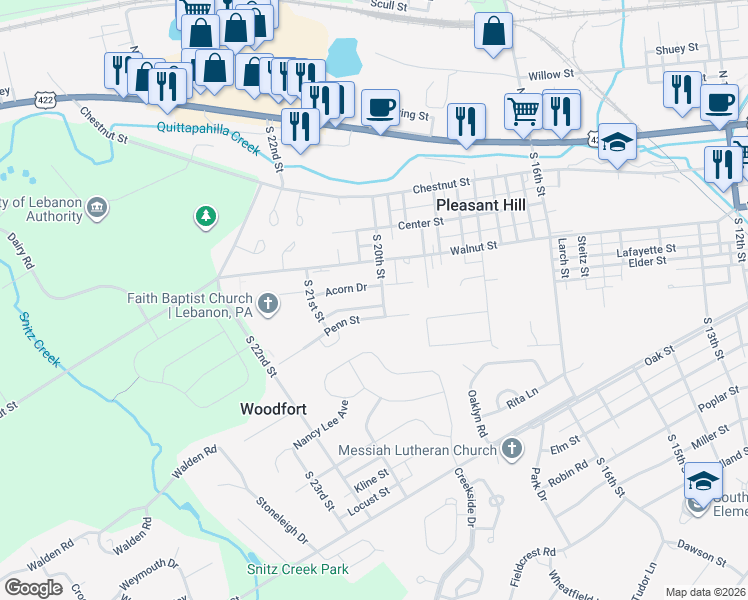 map of restaurants, bars, coffee shops, grocery stores, and more near 2000 Acorn Drive in Lebanon