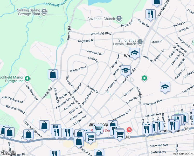 map of restaurants, bars, coffee shops, grocery stores, and more near 3057 Merritt Parkway in Sinking Spring