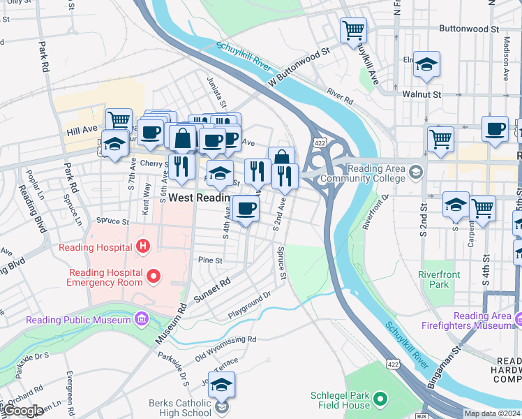 map of restaurants, bars, coffee shops, grocery stores, and more near 235 Chestnut Street in West Reading