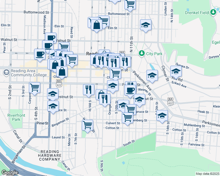 map of restaurants, bars, coffee shops, grocery stores, and more near 112 Orange Street in Reading