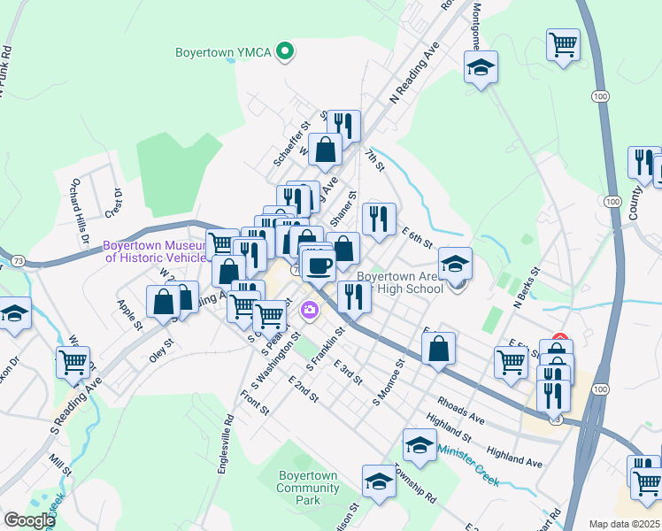 map of restaurants, bars, coffee shops, grocery stores, and more near 30 North Chestnut Street in Boyertown