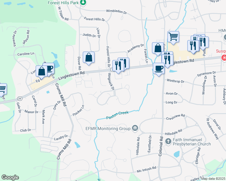 map of restaurants, bars, coffee shops, grocery stores, and more near 124 Ringneck Drive in Harrisburg