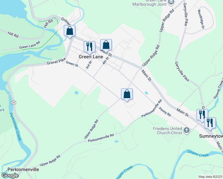 map of restaurants, bars, coffee shops, grocery stores, and more near 505 Green Street in Green Lane