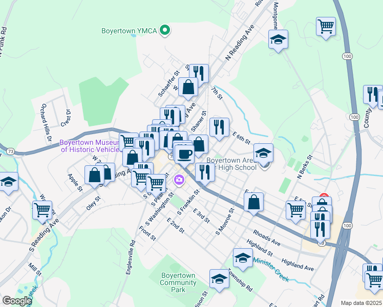map of restaurants, bars, coffee shops, grocery stores, and more near 30 North Chestnut Street in Boyertown