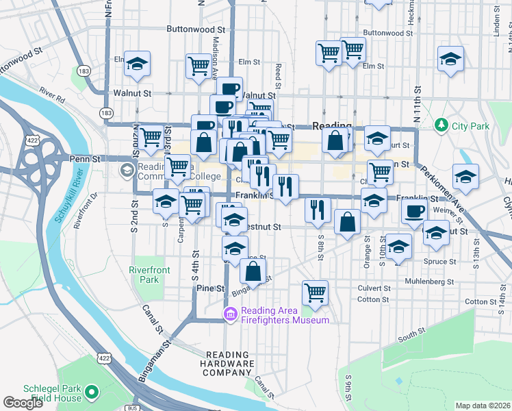 map of restaurants, bars, coffee shops, grocery stores, and more near 610 Franklin Street in Reading