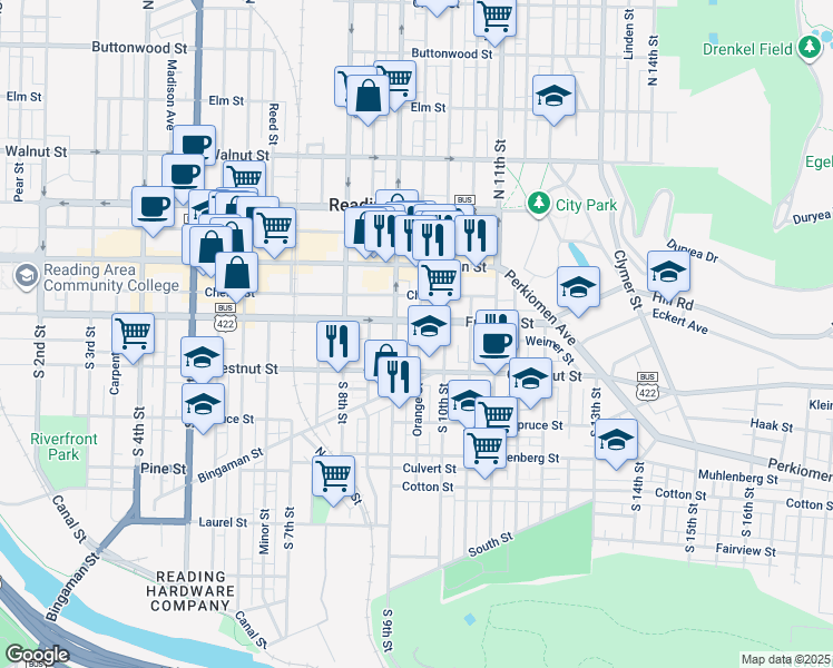 map of restaurants, bars, coffee shops, grocery stores, and more near 112 Orange Street in Reading