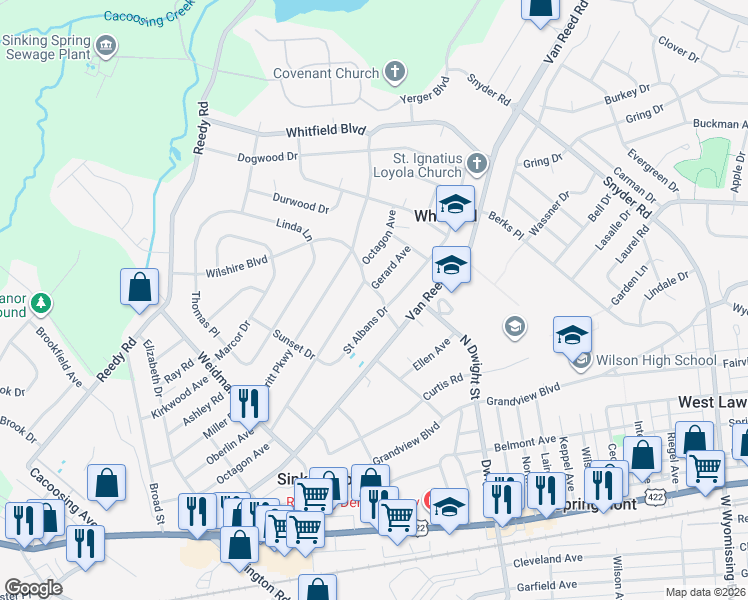 map of restaurants, bars, coffee shops, grocery stores, and more near 3004 Octagon Avenue in Reading