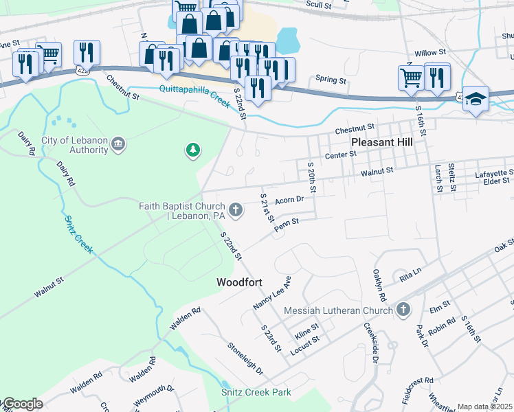 map of restaurants, bars, coffee shops, grocery stores, and more near 2106 Acorn Court in Lebanon