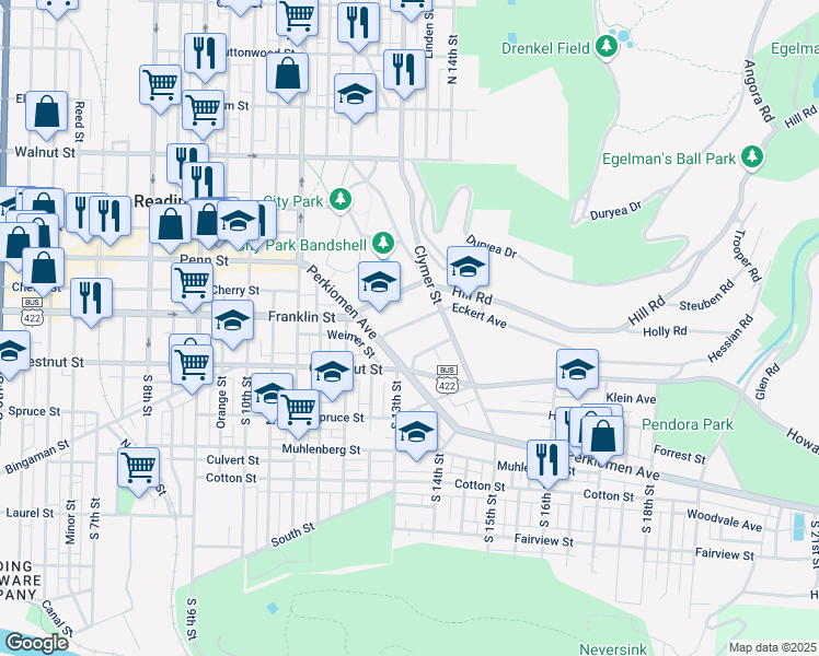 map of restaurants, bars, coffee shops, grocery stores, and more near 1222 Eckert Avenue in Reading