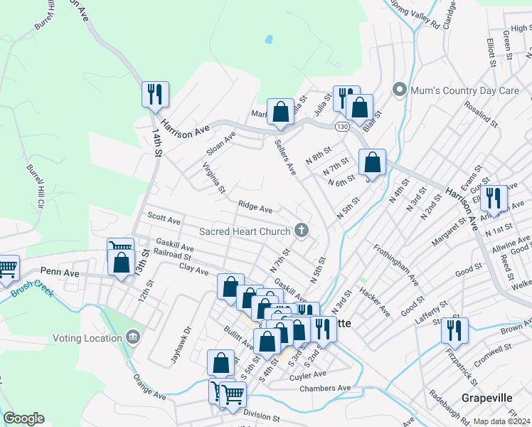 map of restaurants, bars, coffee shops, grocery stores, and more near 801 Ridge Avenue in Jeannette