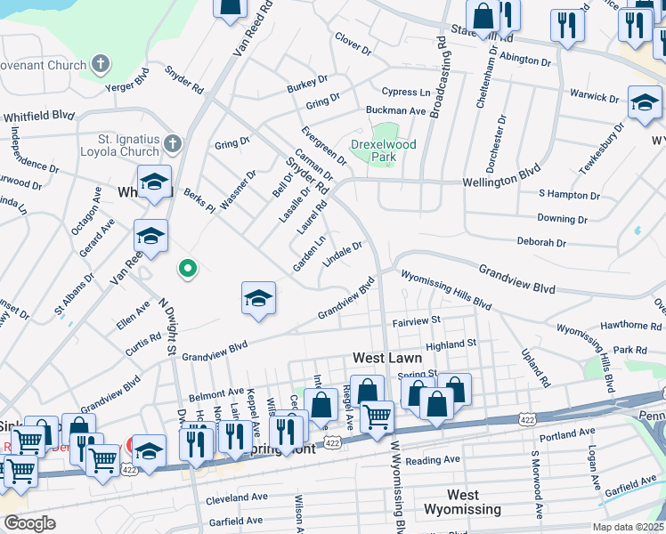 map of restaurants, bars, coffee shops, grocery stores, and more near 2402 Lindale Drive in Reading