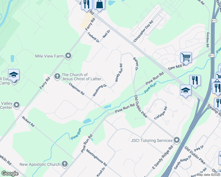 map of restaurants, bars, coffee shops, grocery stores, and more near 117 Windsong Drive in Doylestown