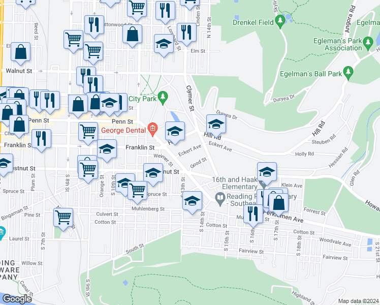 map of restaurants, bars, coffee shops, grocery stores, and more near 1224 Eckert Avenue in Reading