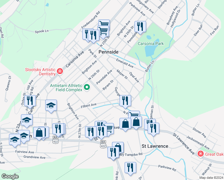 map of restaurants, bars, coffee shops, grocery stores, and more near 610 Lenox Avenue in Reading