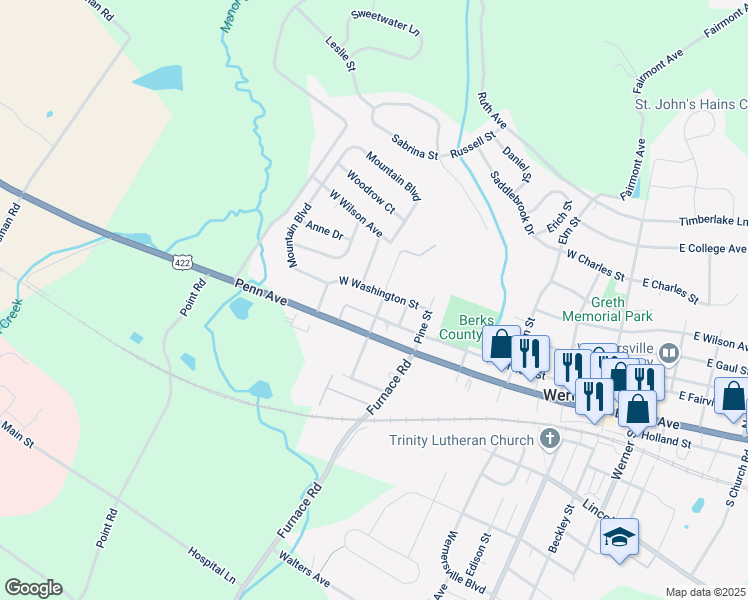 map of restaurants, bars, coffee shops, grocery stores, and more near 105 North Pearl Street in Reading