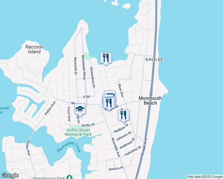 map of restaurants, bars, coffee shops, grocery stores, and more near 40 River Avenue in Monmouth Beach